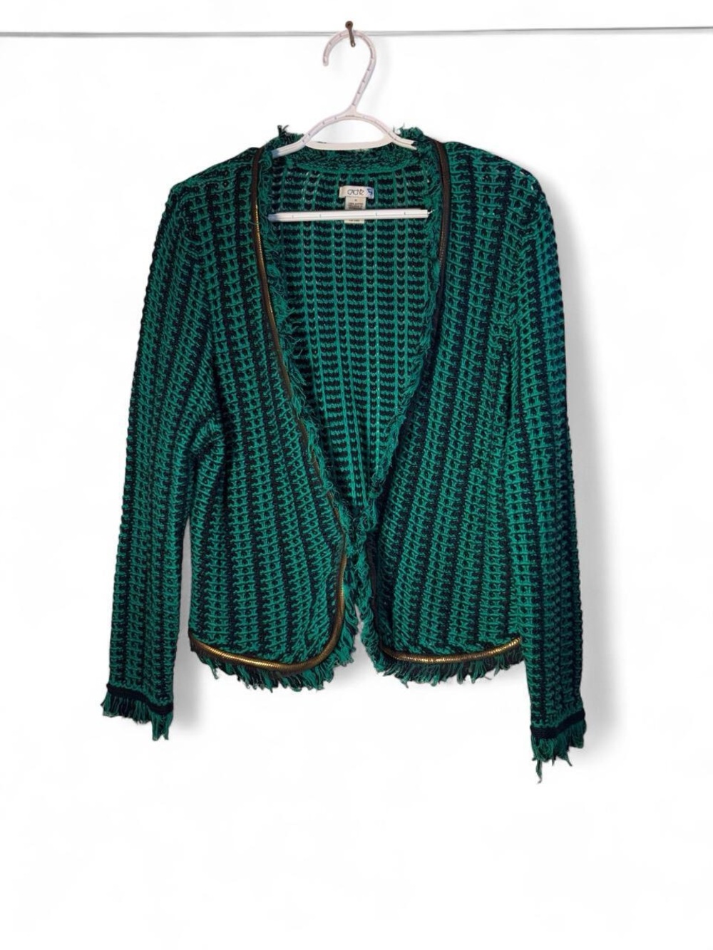 Cache Green and Black Textured Fringe Open Front Jacket